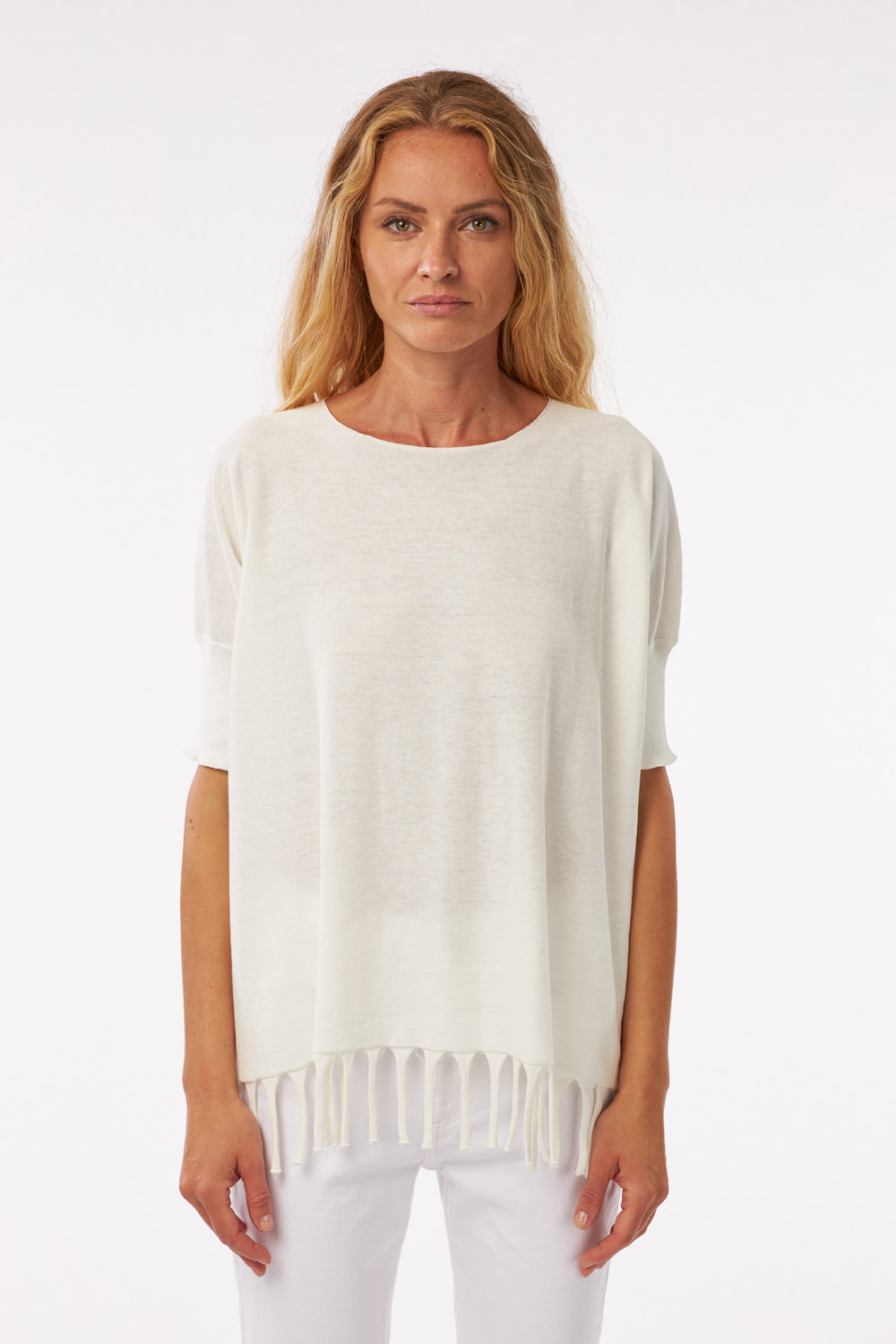 boat neck sweater with fringes at bottom