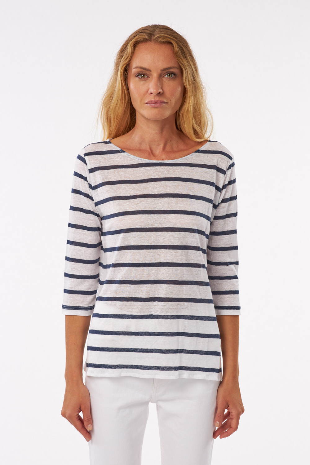 crewneck striped t-shirt in light linen, sleeves at elbow