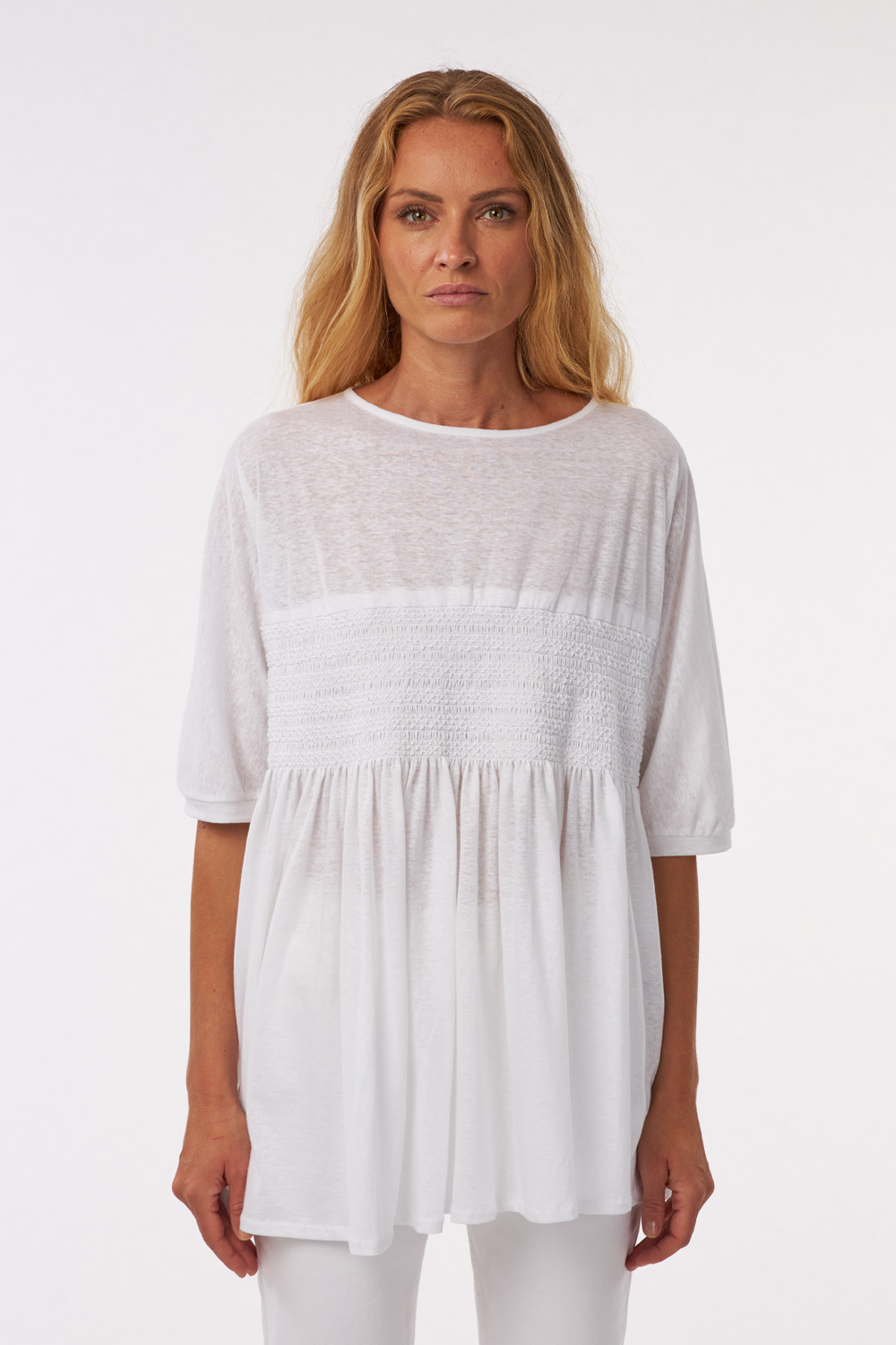smocking stitch crew neck long t-shirt in cotton and linen