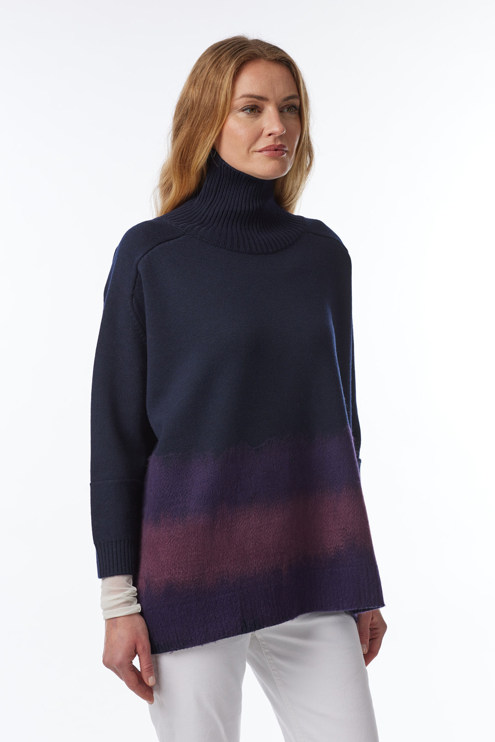 turtle neck sweater in extrafine merino, with a needle-punched motif on the front and back