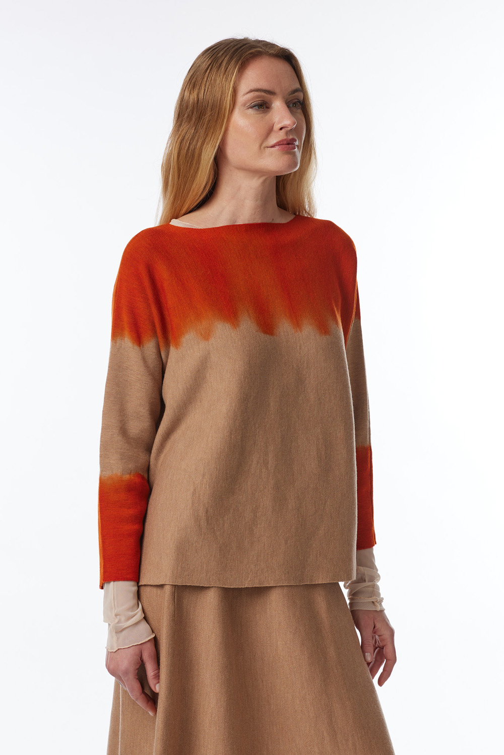 boat neck sweater in 100% Extrafine Merino with garment-dye tecnique