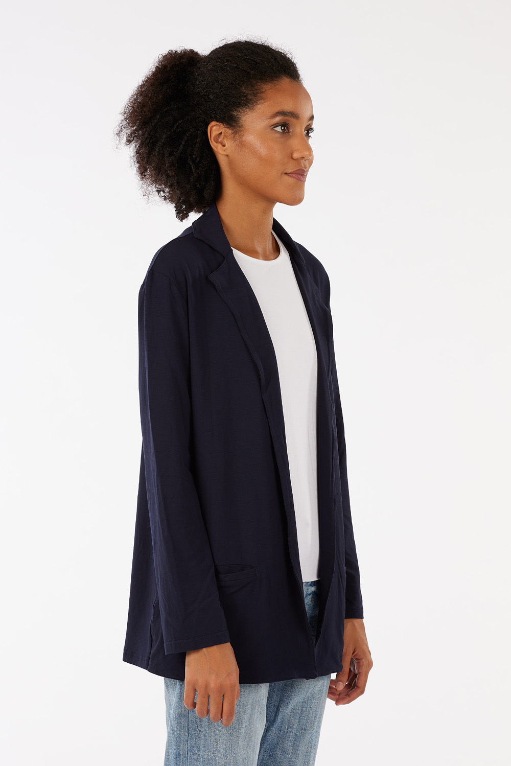 Long buttonless microfibre jersey blazer with lapels and two flapless pockets